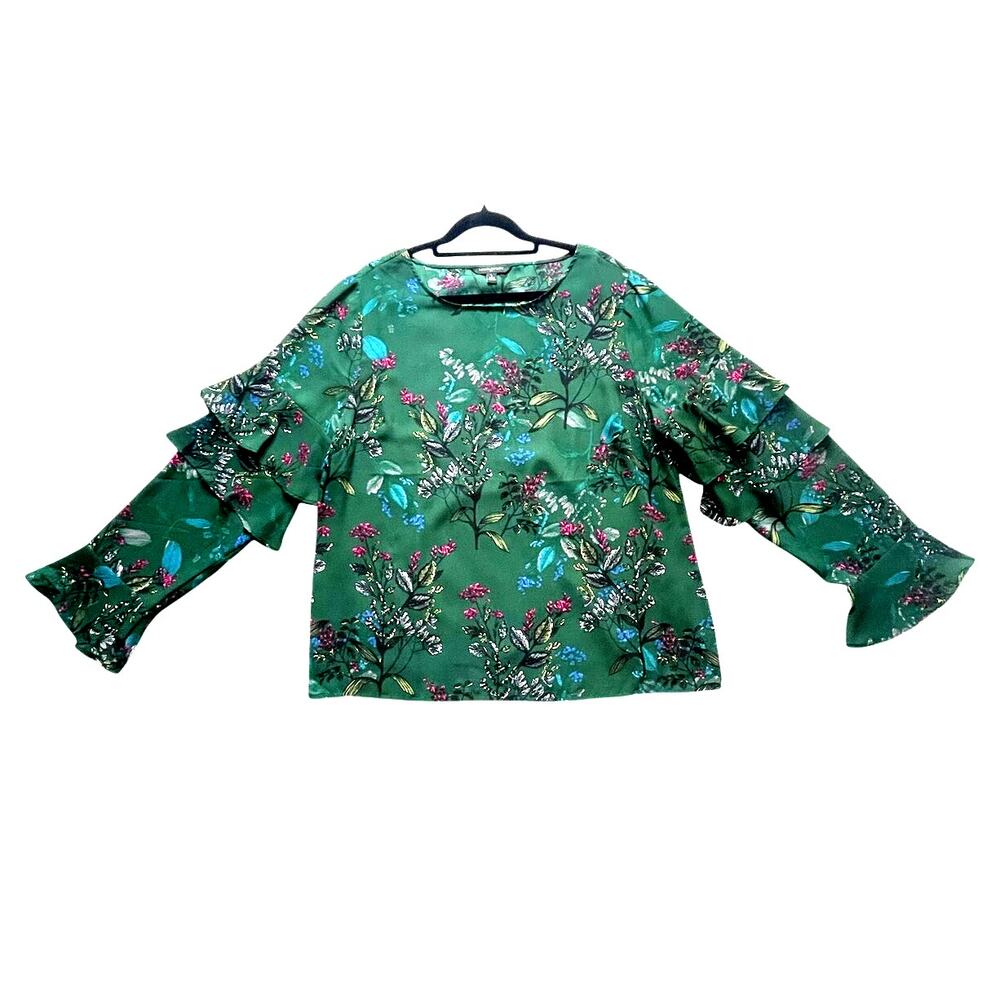 Banana Republic Blouse Women L Green Floral Ruffle Sleeve Fairy Flutter Boho EUC